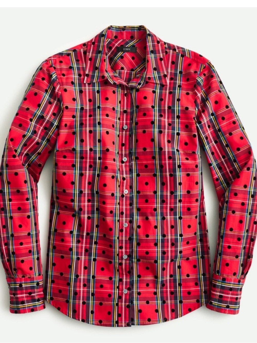 J. Crew Womens Red Black Plaid with black polka dots long sleeve shirt 8